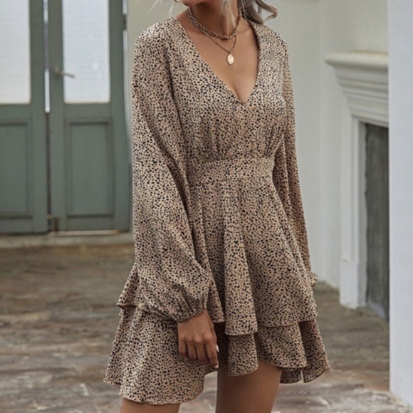 Leopard Print v neck Print Tiered Layered Dress - Picture 6 of 6